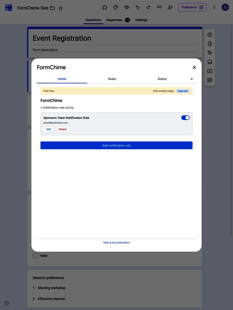 FormChime notification manager open inside Google Forms