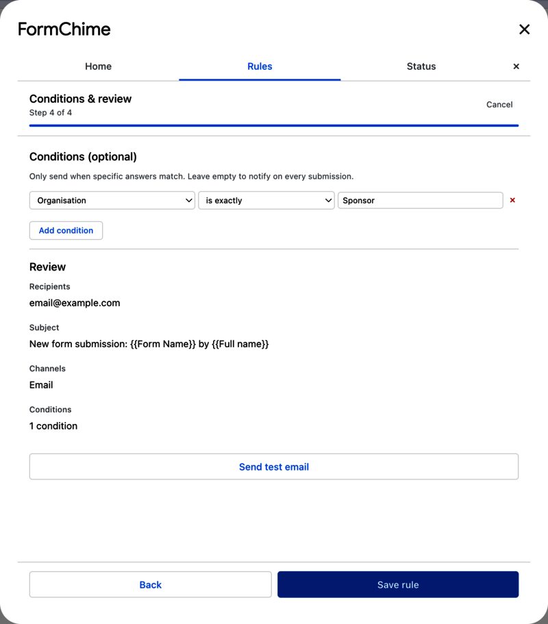 Rule editor step 4: conditional delivery rules and a review summary before saving